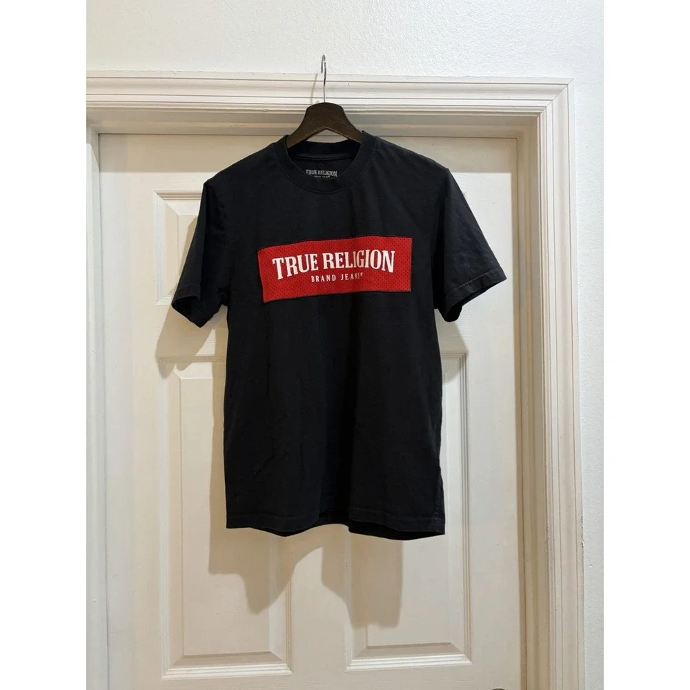 True Religion Black Logo Graphic T-Shirt Red Mesh Patch Men's XS Streetwear
